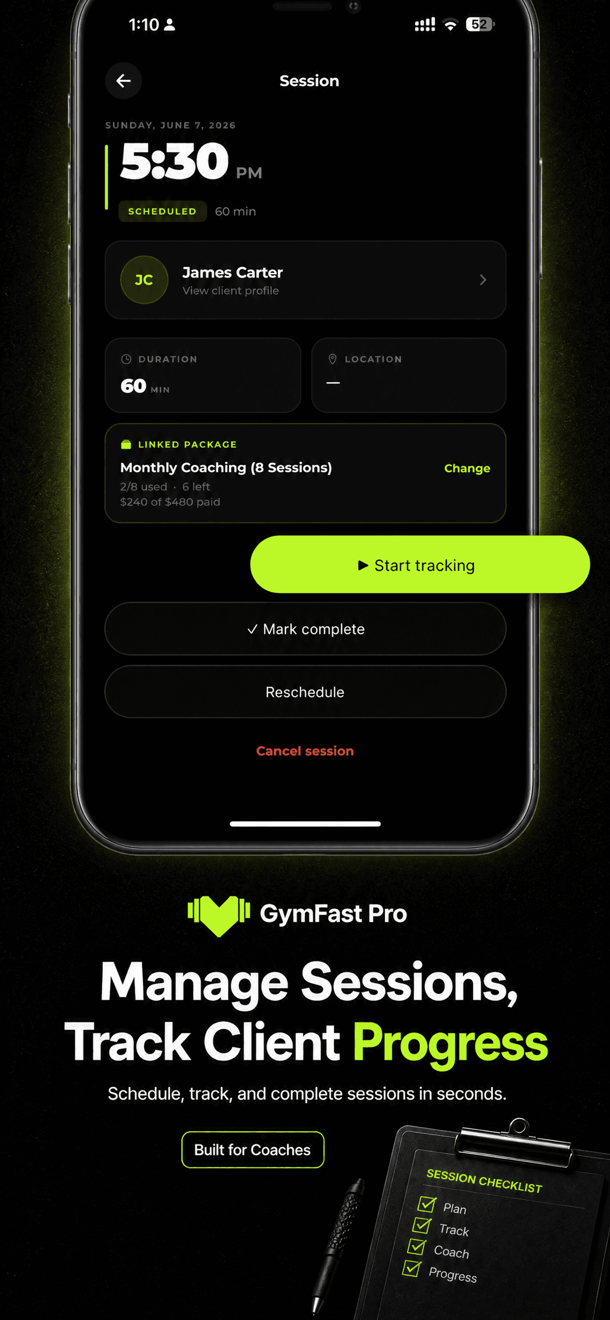 GymFast Pro — Session Scheduling