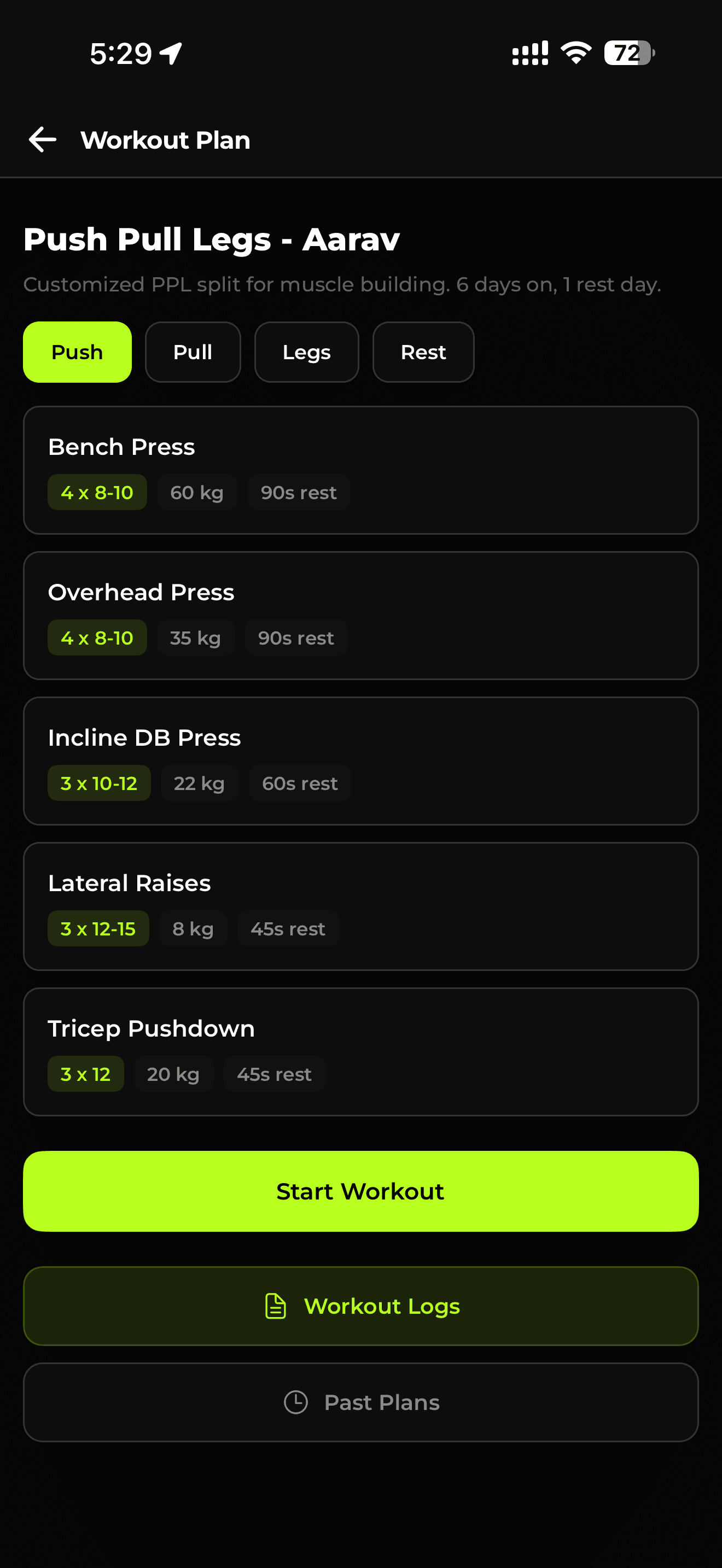 GymFast Member App — workout plan with exercises, sets, reps, and start workout button