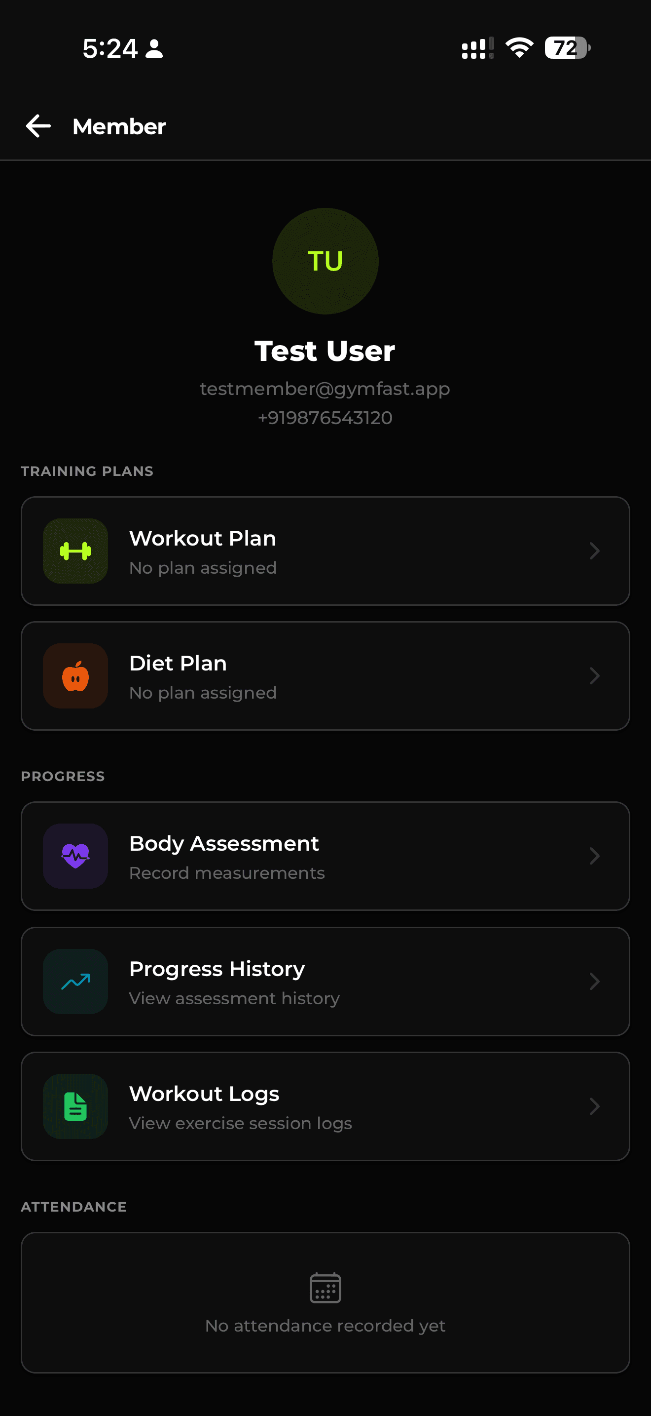GymFast Staff App — trainer view with workout plans, diet plans, body assessments, and workout logs