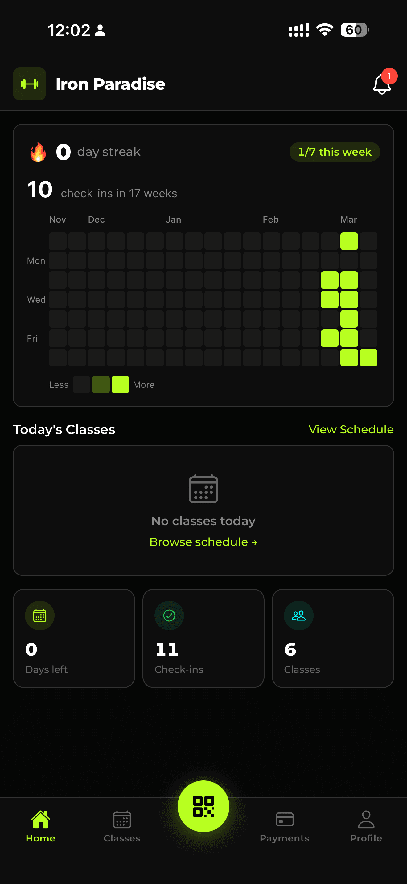 GymFast Member App — attendance heatmap, streak, classes, check-in