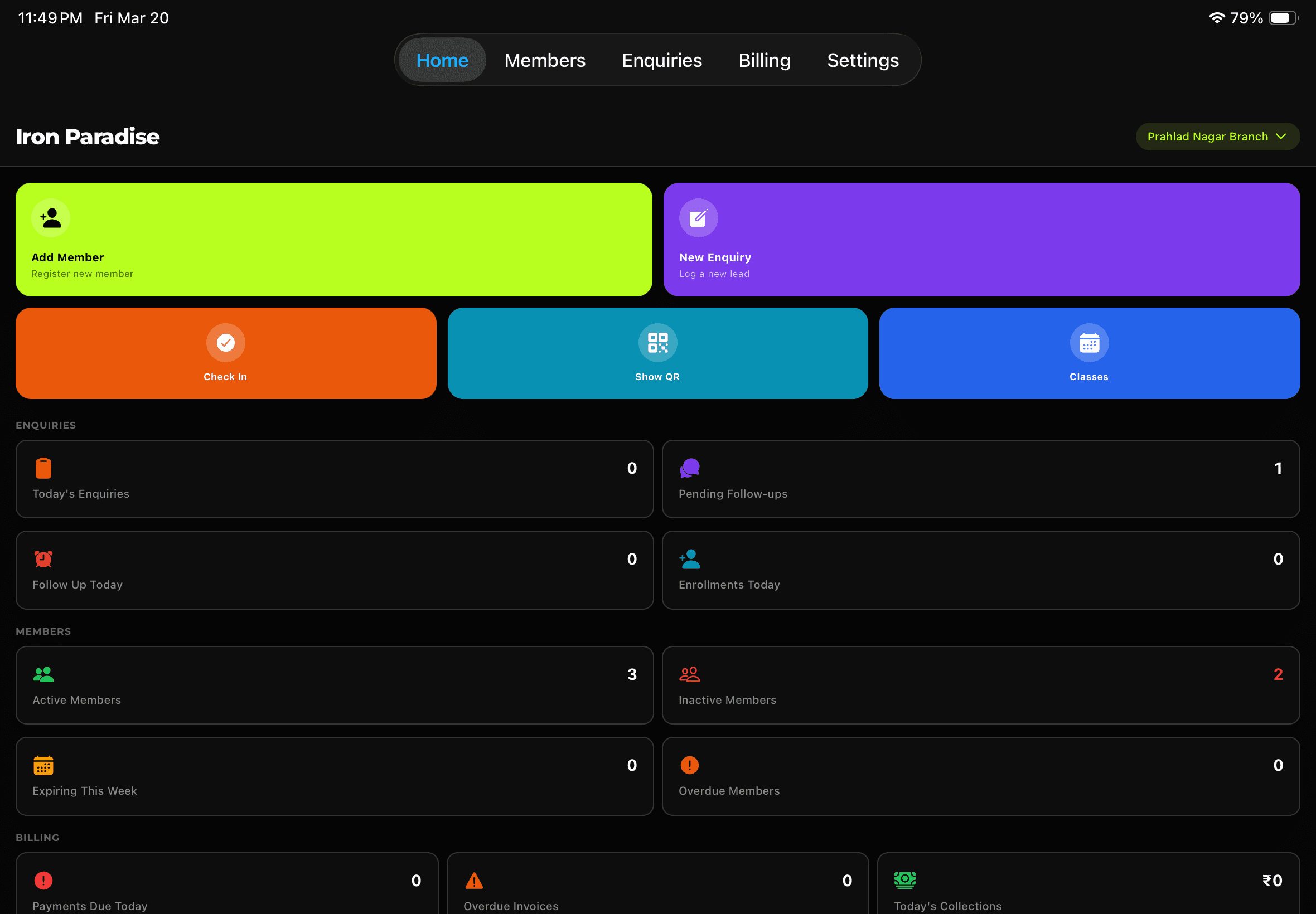 GymFast Staff Dashboard — tablet view showing quick actions, member stats, billing overview